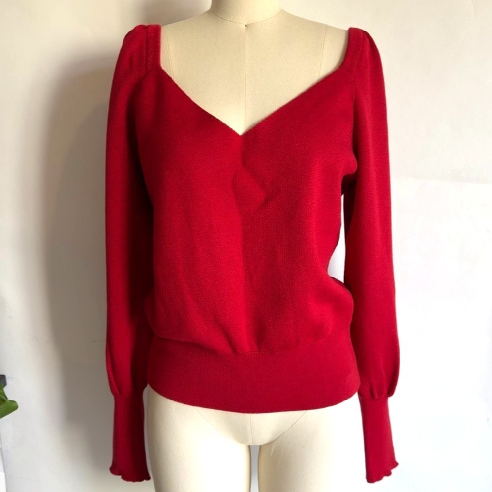 Anthropologie Women's Sweetheart‎ Puff Sleeve Knit Party Top-Red-Size Large